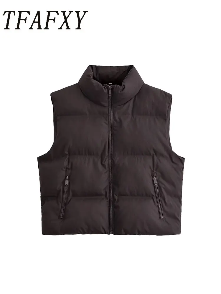 

TFAFXY женские шикарные коричневые жилеты без рукавов с карманами на молнии, стеганые толстые теплые пальто, модная осенне-зимняя верхняя одежда 2023 г.