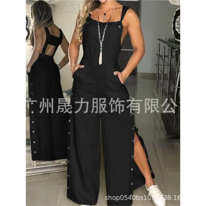 Women's Sleeveless Wide Leg Jumpsuit Chic Side Slit Pocket And Button Closure Solid Color Loose Straight-Leg Female Long Romper