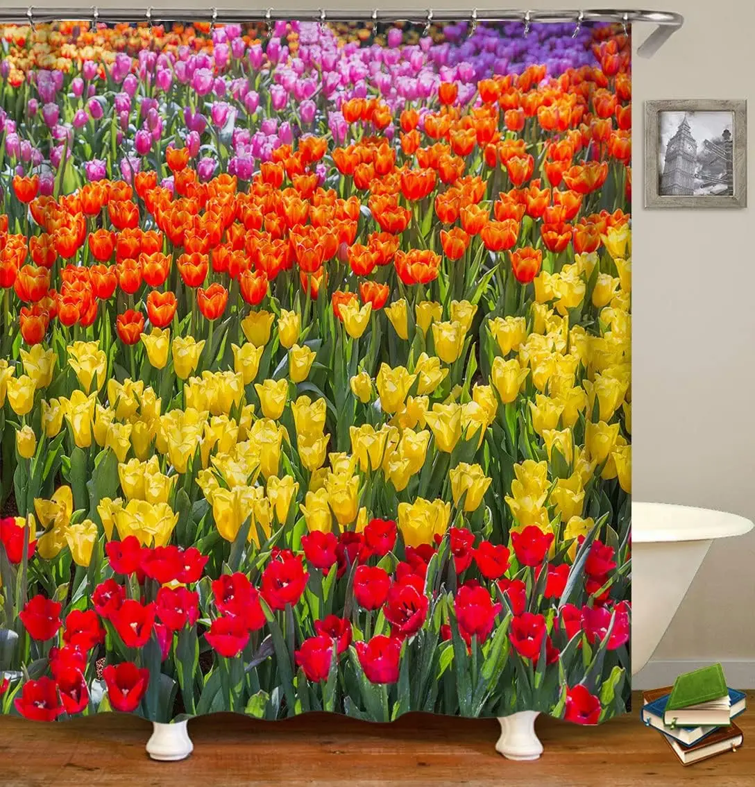 

Bright and Colorful Tulip Flowers, Red Yellow Orange and Purple Tulips Shower Curtain Sets for Bathroom Fabric Machine Washable