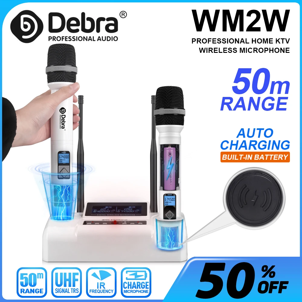 

Debra WM2W Professional Karaoke Wireless Microphone System, Handheld Microphone Transmission Range 50M, for live stage, church