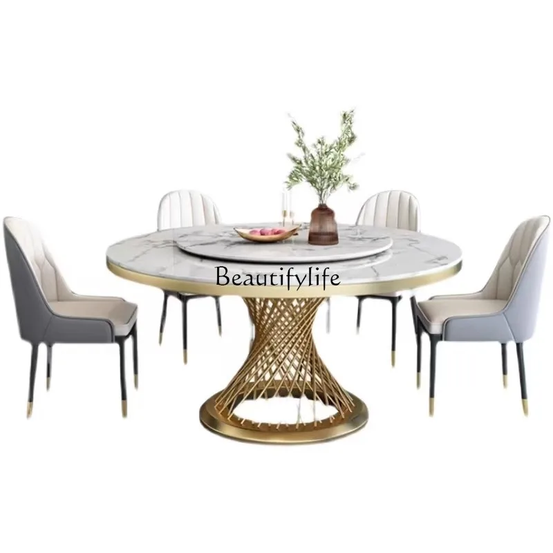 

Light luxury marble dining table Modern simple rock slab household small apartment round with turntable dining table