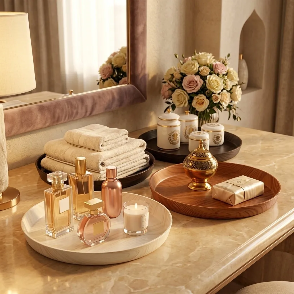Stackable Round Plastic Vanity Tray Wood Grain Bathroom Storage Perfume Cosmetic Display Holder Dressing Table Makeup Organizer
