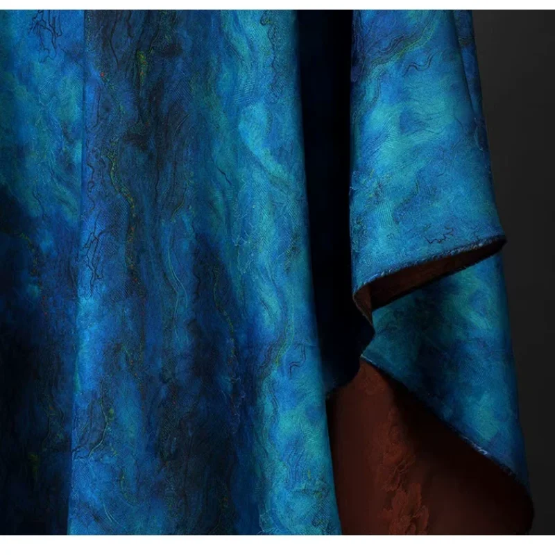 Artificial silk blue printed fabric, handmade, suitable for DIY sewing