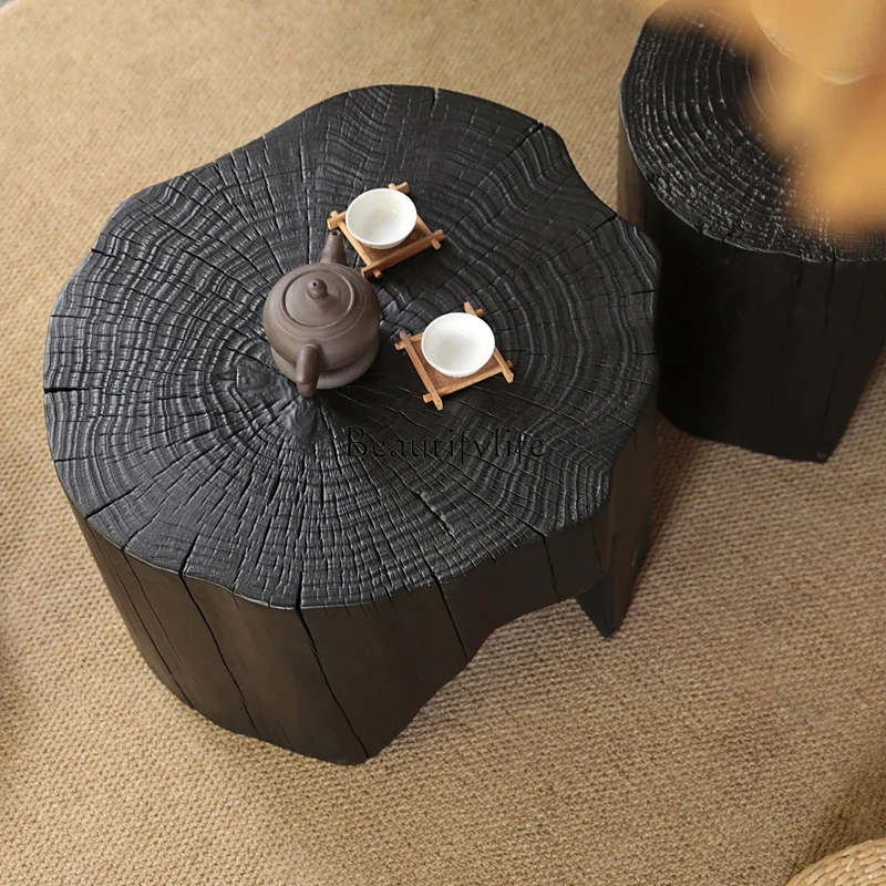 03.Wabi Sansi wind carbonized black log pier small coffee table Japanese bay window side few bed and breakfast