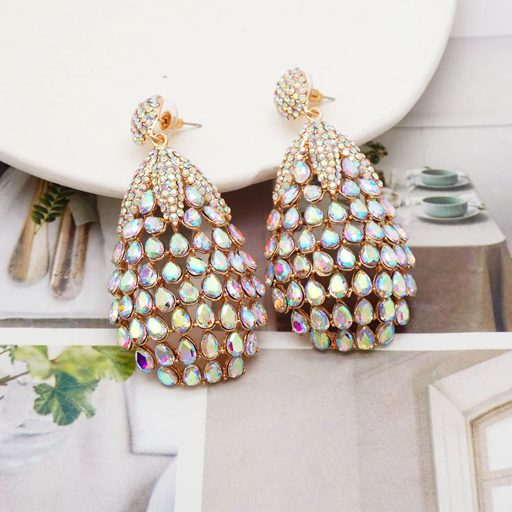 Damen AB Kristall Tropfen-Ohrringe Goldfarben Hohle Strass-Ohrhänger Hochzeit Party Braut Statement-Schmuck Geschenk – Detail 8