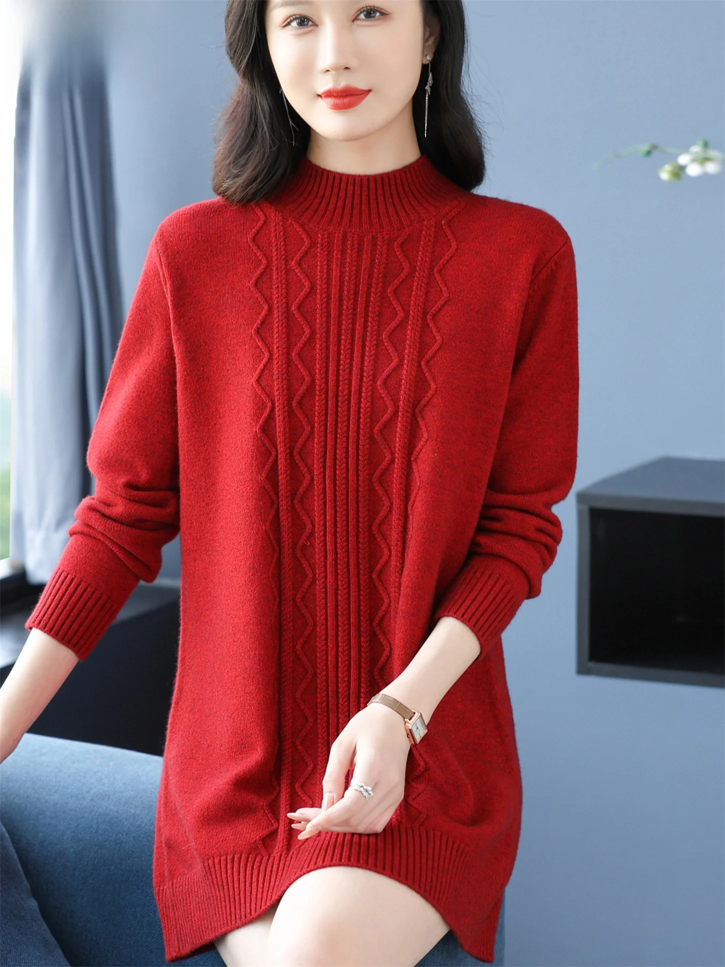 

Модный вязаный шерстяной базовый слой длины миди для женщин среднего возраста, весна-осень, новый Sle ape, свободный крой