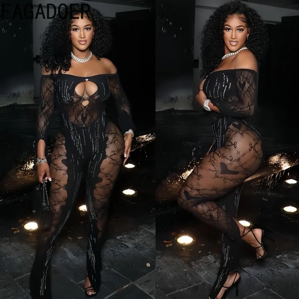 

Новый сексуальный комбинезон FAGADOER из сетки с вырезами, женский, с открытыми плечами, без спинки, асимметричный, жаккардовый, с пэчворком, эластичный, для клуба, цвета миднайт.