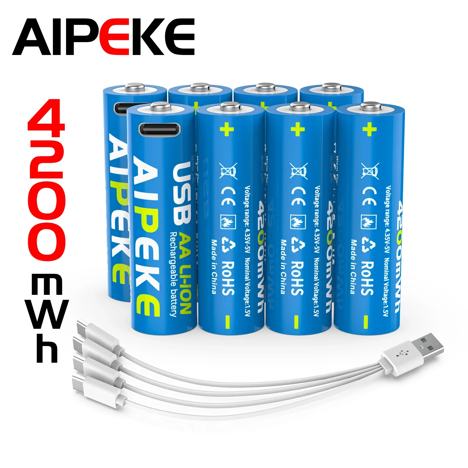 

AIPEKE AA USB lithium battery 1.5V 4200mWh Rechargeable Battery with 4-in-1 USB Cable for Toys Mouse aaa rechargeable battery