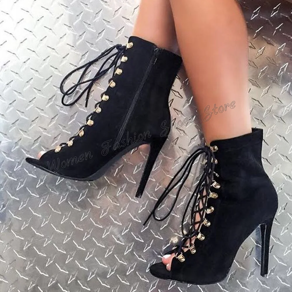

Black Peep Toe Side Zipper Lace up Boots Stilettos High Heels Ankle High Heel Shoes for Women Heels 2024 New Zapatos Para Mujere