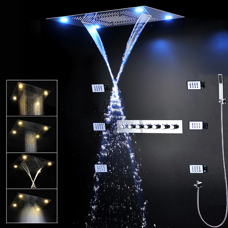 hm Luxury Ceiling LED Shower Set 800x600MM Big Rainfall Waterfall Shower Head Panel Massage Body Jet Thermostatic Faucets System