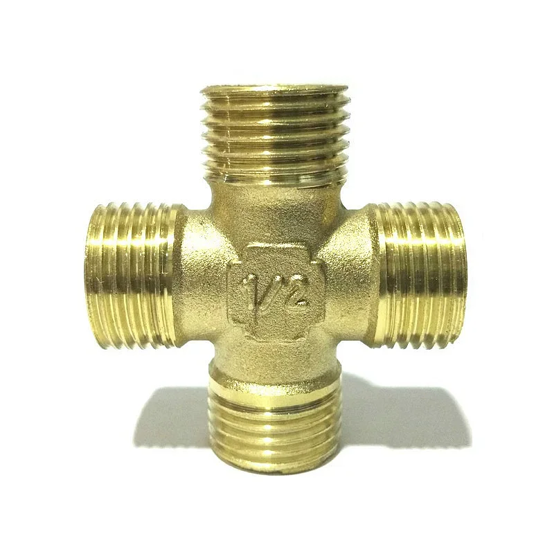 Brass 4 Way Cross Fitting with Mixed Threads 1/2 Inch and 3/8 Inch for Irrigation Systems Aquarium Plumbing and Industrial Fluid