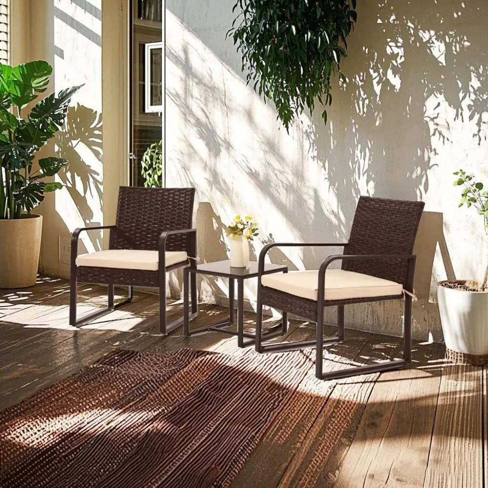 

3 Piece Outdoor Patio Furniture Set, Modern Rattan Chair with Glass Coffee Table for Backyard, Wicker Conversation Set