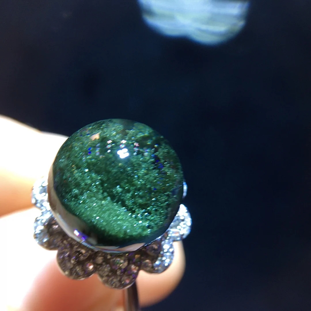 Natural Green Phantom Adjustable Ring Round Men 12mm 925 Silver Phantom Women Men Jewelry AAAAAA