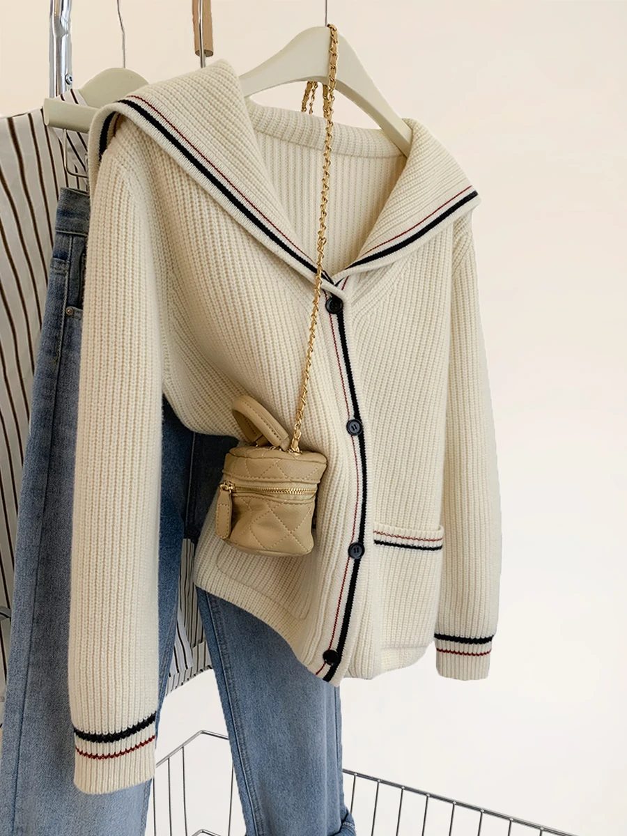 

Early autumn navy collar cashmere sweater coat women's autumn new cashmere knit cardigan