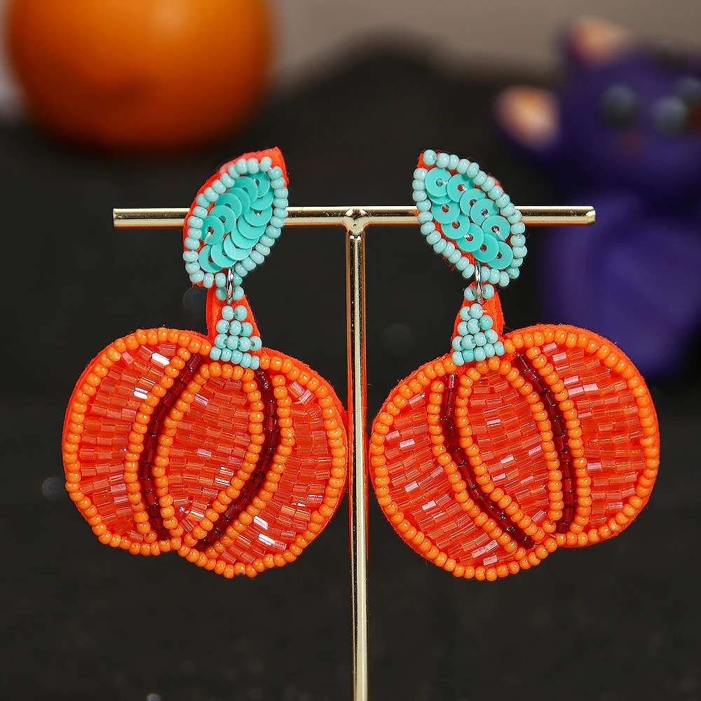 2023 New Fashion Hand Knitting Beaded Halloween Pumpkin Ghost Skull  BOO Seed Bead All Saints\' Day Earrings Women Jewelry