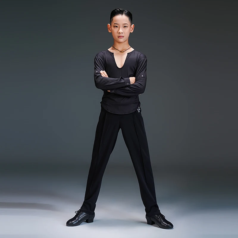 

UK Latin Dance Dress Men's Vertical Stripe Milk Silk V-Neck Long Sleeve Top Black White Practice Wear