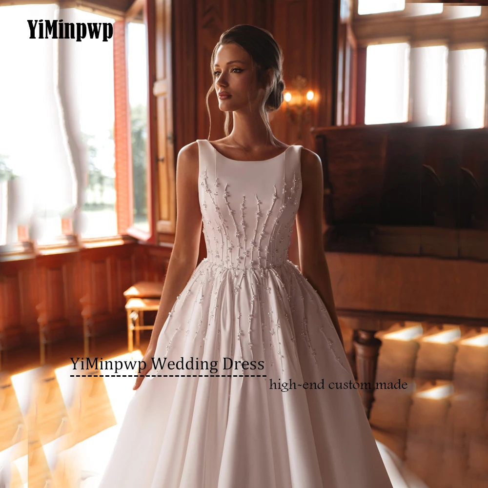 Customized Beading Scoop Neck Wedding Dresses 2025 Bride Pocket Backless A-Line Satin Vintage Bride Gowns vestidos de novia