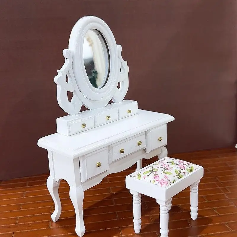 1:12 escala casa de bonecas em miniatura quarto penteadeira com espelho vaidade mesa e fezes modelo móveis para fingir jogar brinquedos