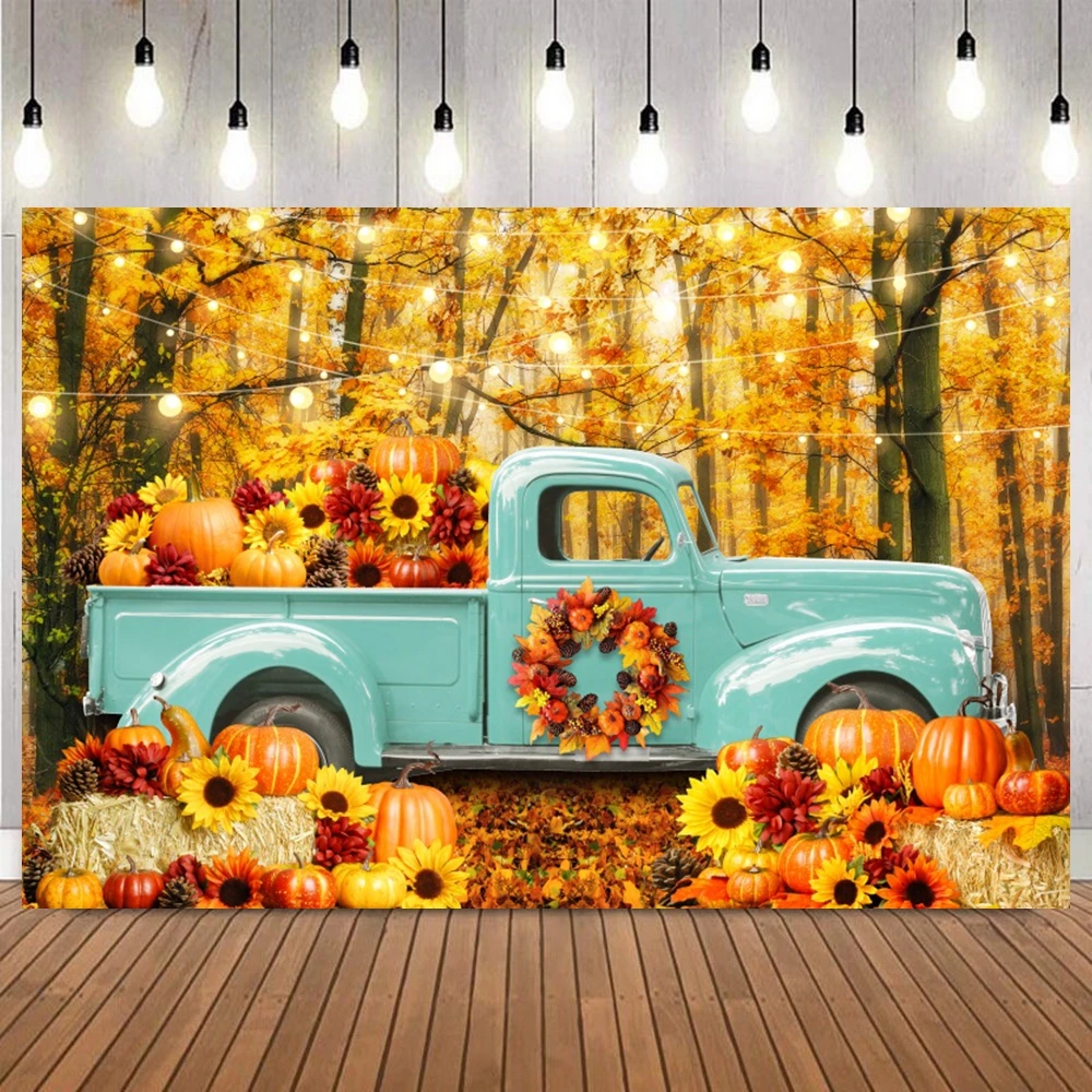 

Autumn Party Photography Backdrop Harvested Fall Hay Blocks Maple Leaves Window Barn Door Pumpkin Photo Backgrounds Studio Props