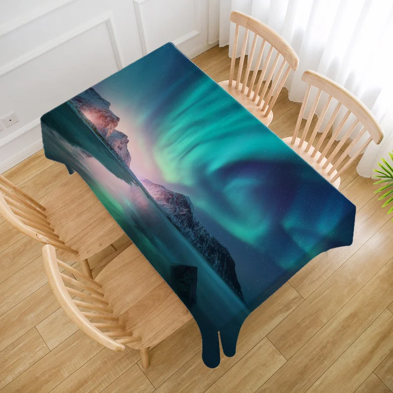 Vibrant Aurora Borealis Landscape Tablecloth Waterproof Spillproof Dining Table Cover for Home Decor