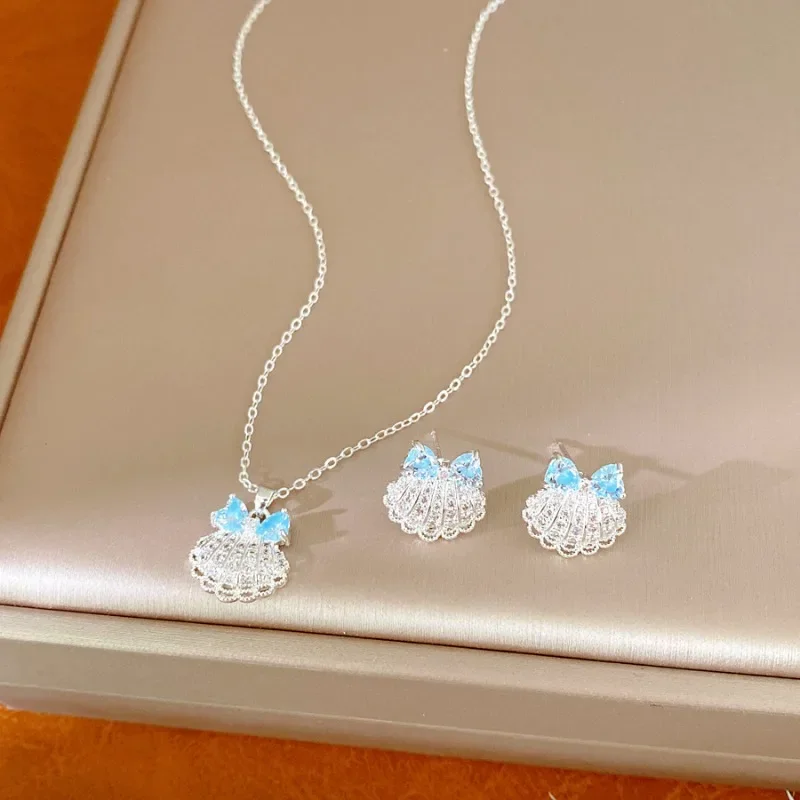 Shell-shaped Jewelry Set Cubic zirconia Pendant Necklace Stud Earrings for Women Wedding Party Delicate Fashion Jewelry Gift C+