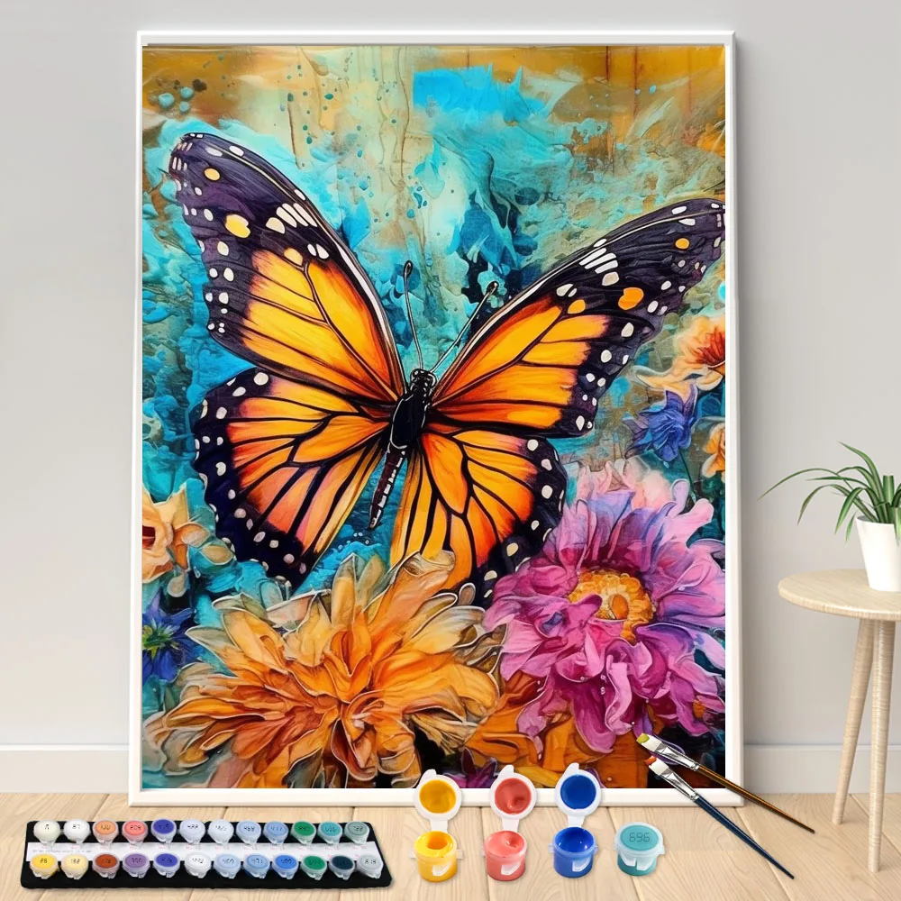 Pintura por números: Borboletas coloridas entre a imensa variedade de flores, quadro por números para decoração de casa, pintado à mão, presente DIY.