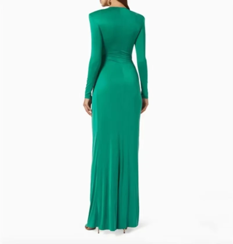 Classic Long V-Neck Spandex Floor Length Evening Dresses With Slit Sheath فساتين سهرة Pleated Prom Formal Dress for Women