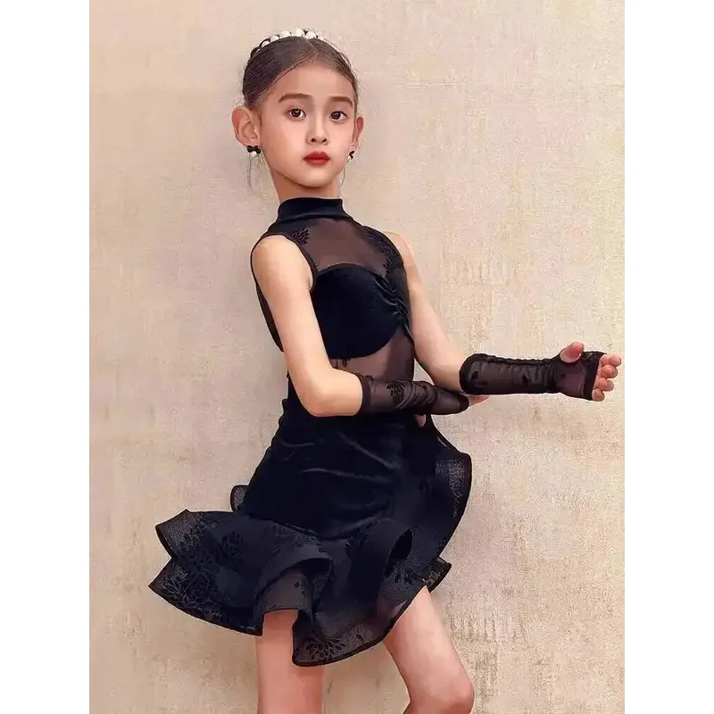 

♥2026 New Halloween Cosplay ballroom Lace velvet mesh latin dress girl american dance rumba cha samba tango costume ★★★