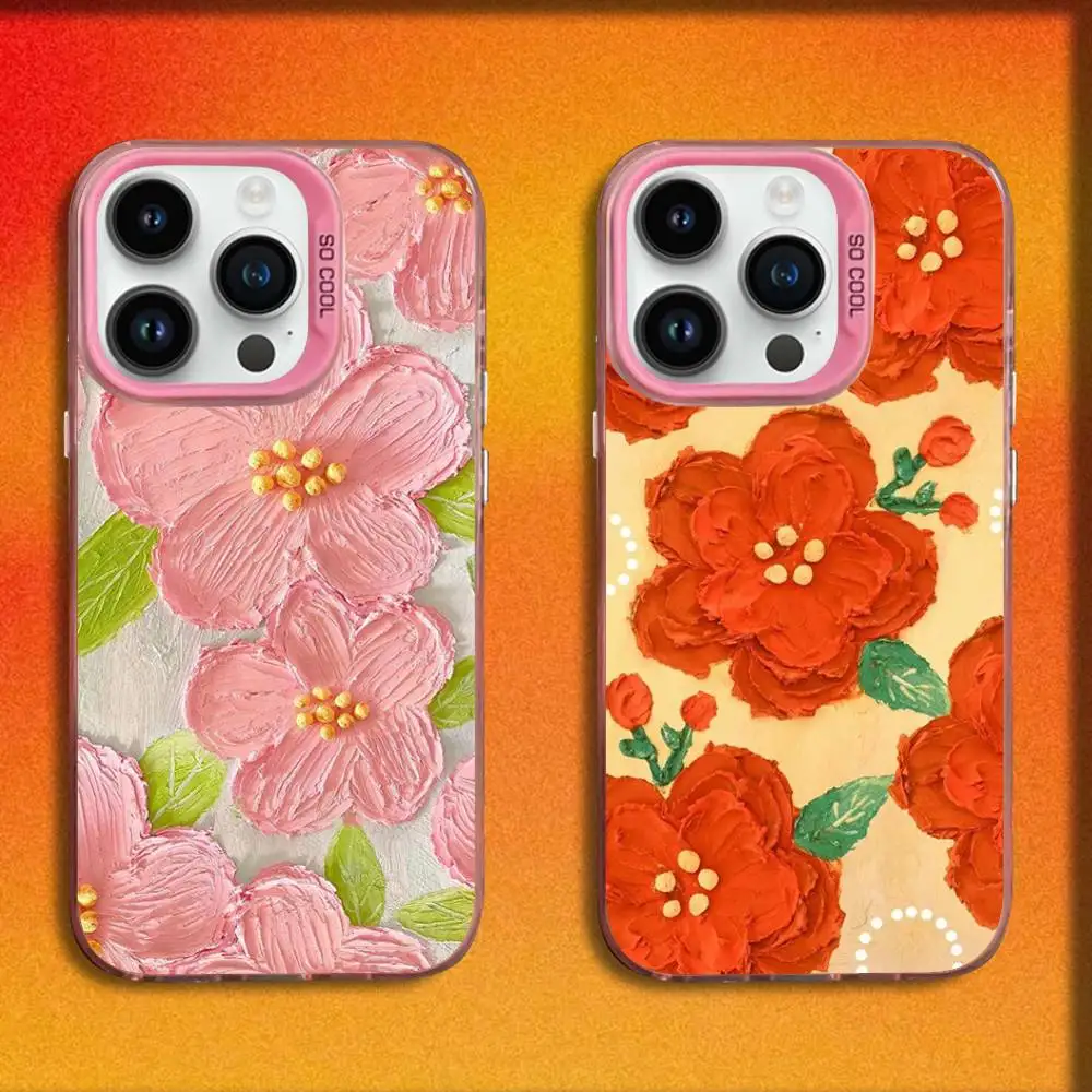 

Retro Oil Painting Flowers Phone Case For iPhone 17,16,15,14,13,12,11,Pro,Max,Plus,E,SE4,Air,Mini Pink IMD Box