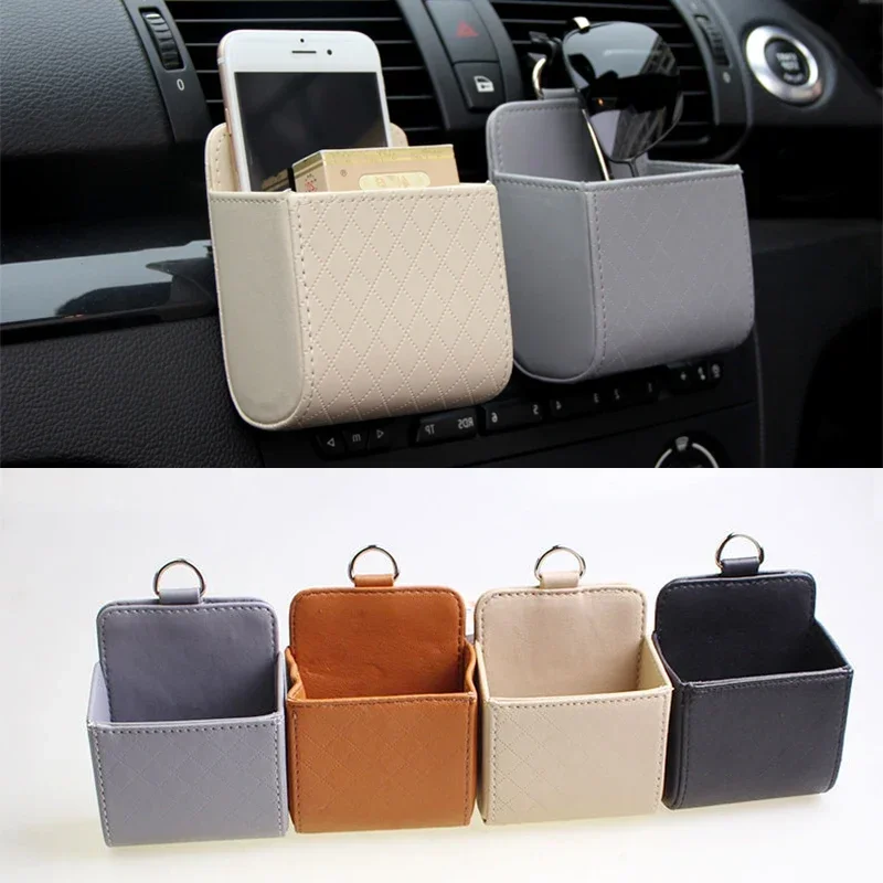 Car Storage Bag Hanging Leather Organizer Box Glasses Phone Holder Storage Organizer Air Vent Dashboard Tidy Car Accessories