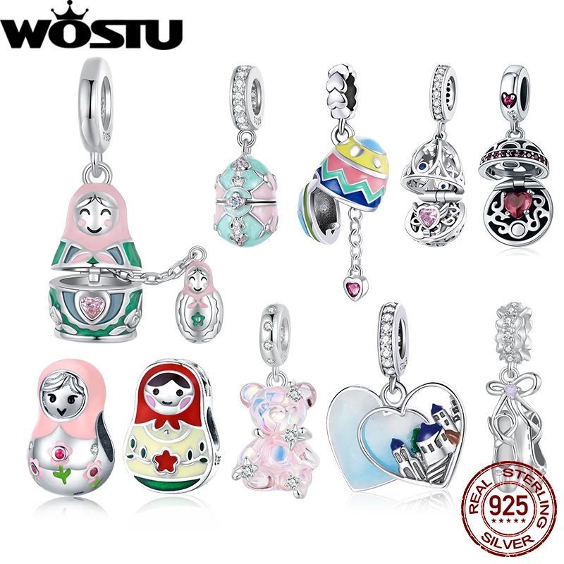 WOSTU 925スターリングシルバー マトリョーシカ人形ペンダント ロシア風 ラブリーオープンチャーム 女性用ブレスレット DIY ファインジュエリー 1