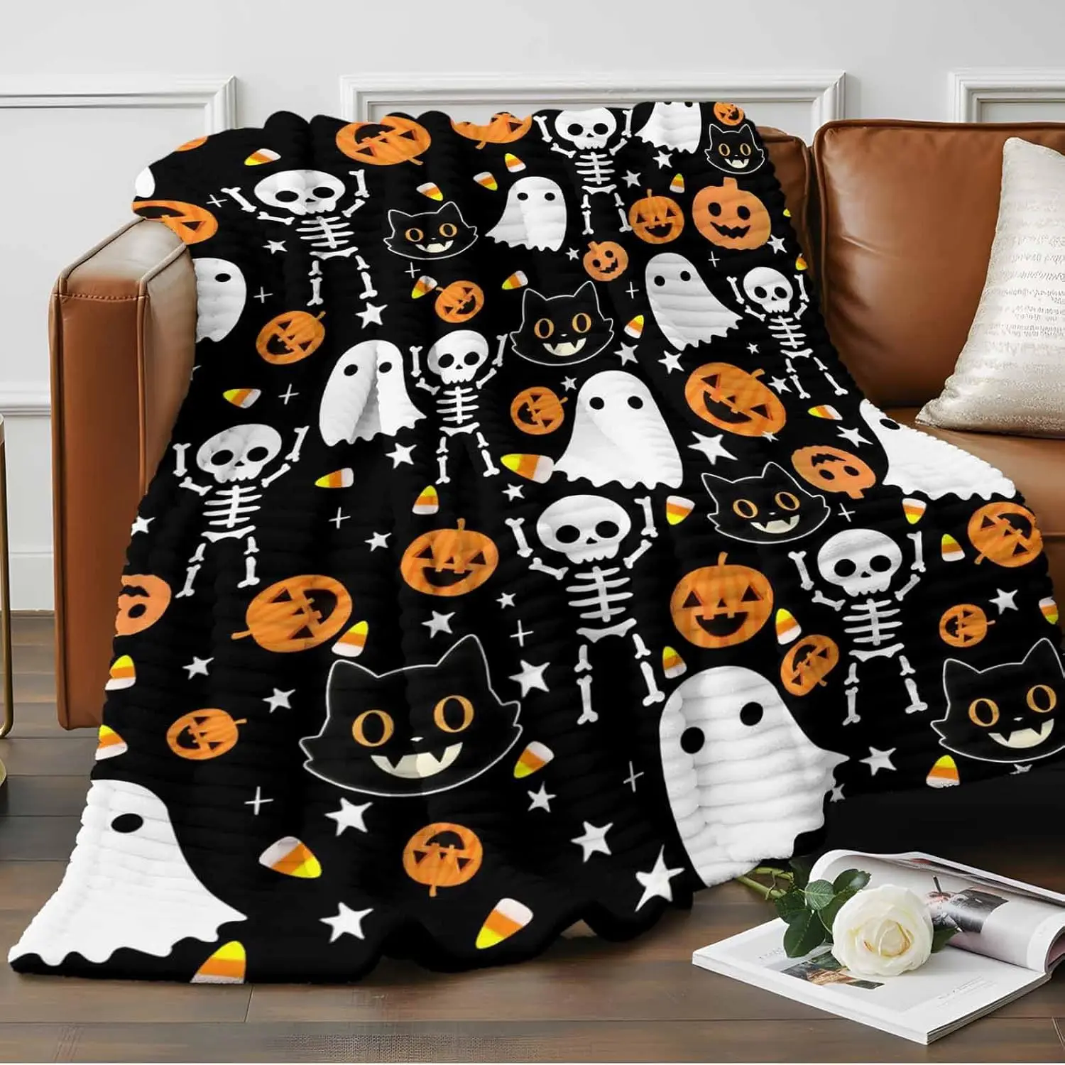 

Фланелевые мягкие одеяла на Хэллоуин для детей, женщин и девочек, оранжевые тыквы, белый призрак, черный кот, уютные одеяла из микрофибры, пушистые
