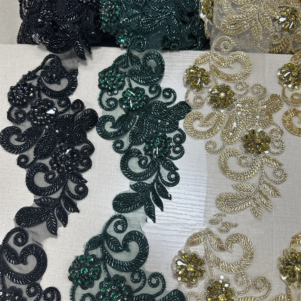 1 Yard handgenähte Pailletten, Perlen, Glas, Diamant-Stickerei, Stoff-Aufnäher für Hochzeitskleid-Accessoires