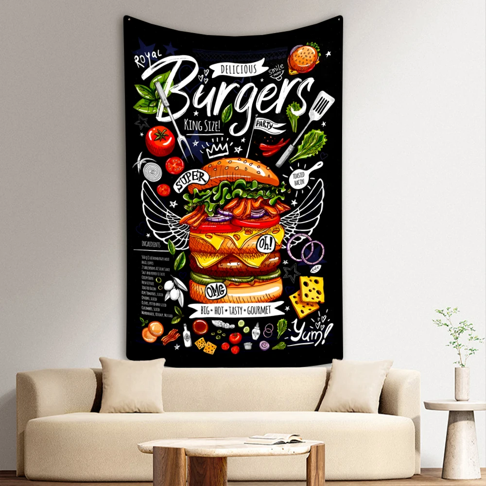 

Anime Poster Tapestry Fast Food Illustration Printed Home Decor For Bedroom Wall Hanging Restaurant Background Cloth