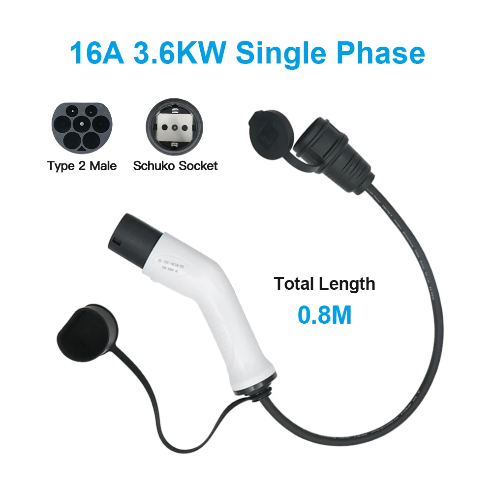 Discharger 16A 3.6KW Type 2 To Schuko Take Power From Public Station  Charging For Electric Bikes Extension Cord 0.8M