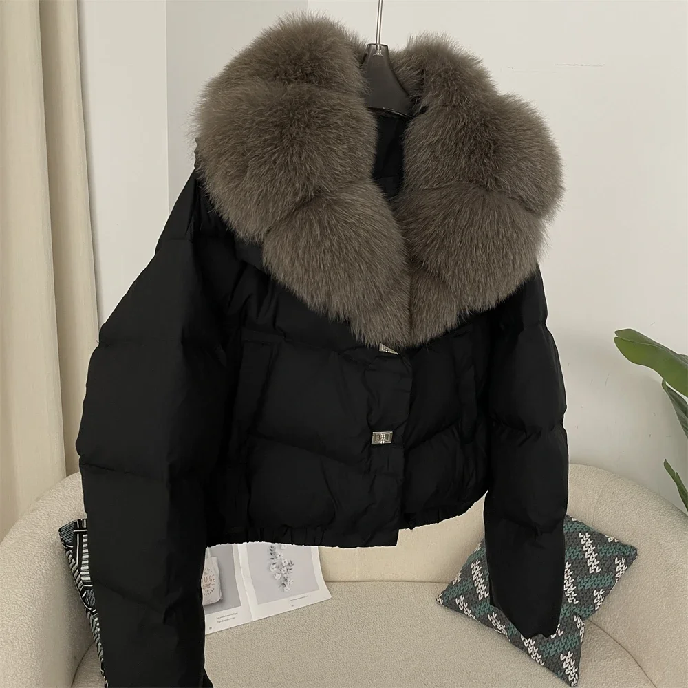 2024 New Winter Jacket Women Big Real Fox Fur Collar Natural Thick Warm Duck Down Coat Short Outerwear Streetwear Loose Casual