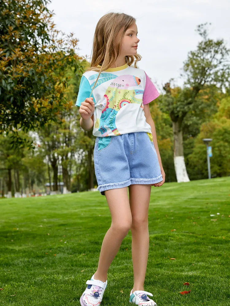 Girls Printed Cute  T-shirt  and Blue Denim Short