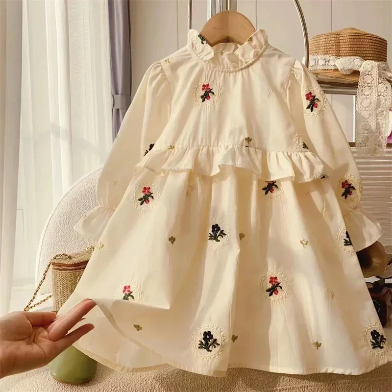 Vestido de princesa para niñas, ropa de manga larga con volantes bordados, Primavera, 2 a 8 años, 2023