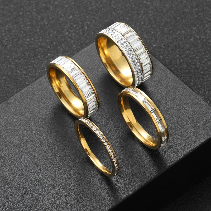 Men Gold‑Tone Stainless Steel Ring Baguette Zircon Full Paved Inlay Glossy Wide Band Wedding Promise Male Daily Finger Jewelry