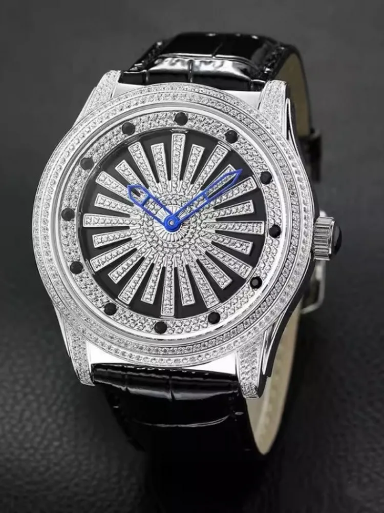 Luxury Business Men Work Quartz Watch Shiny Diamonds Studded Genuine Leather Strap Pin Buckle Watches Designer Wristwatch