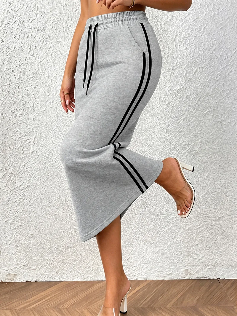 Year-round Wear Athleisure Midi Skirt, Side Slit & Stripes, Spring Fall Sightseeing & City Tour Outfit