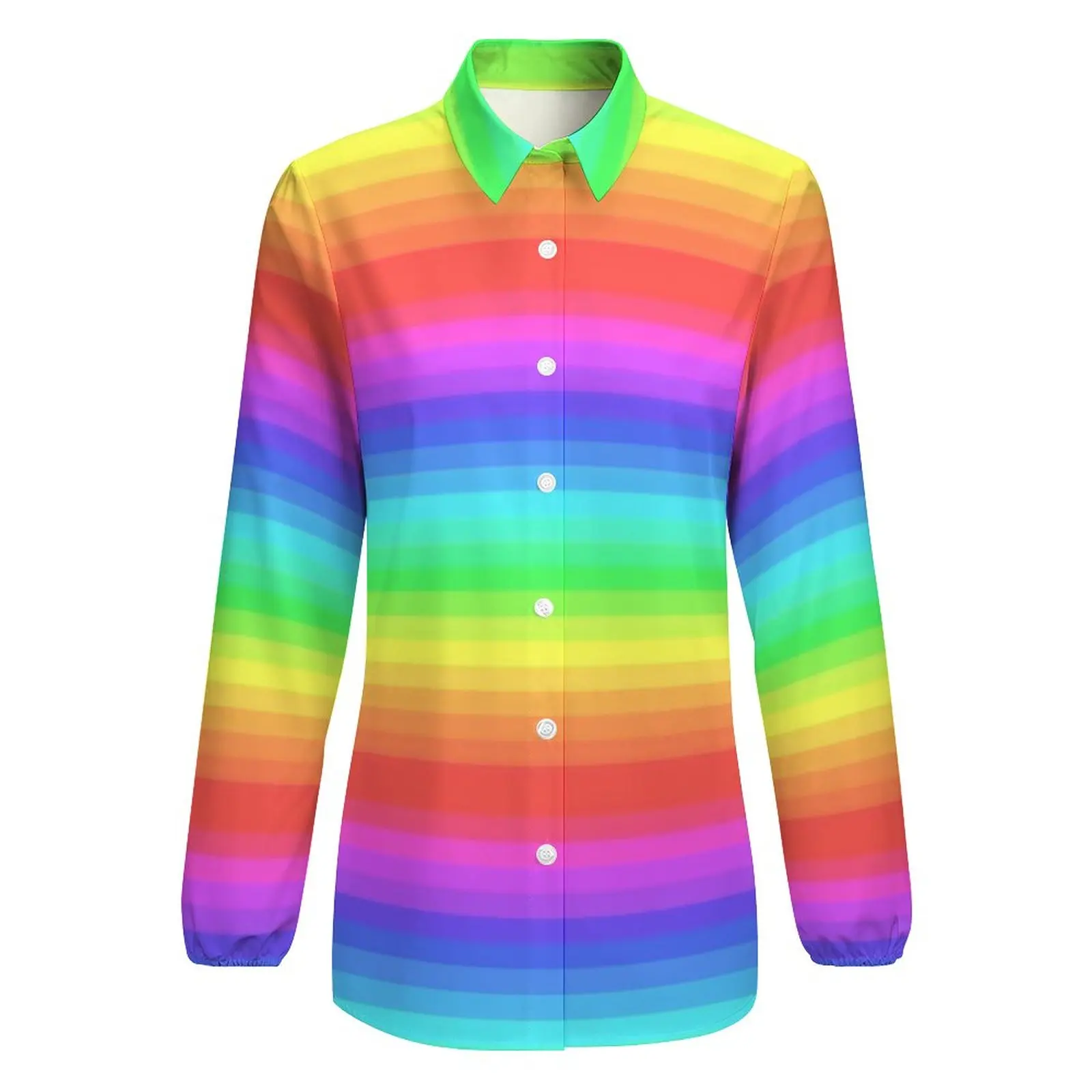 Bright Rainbow Blouse Long-Sleeve Colorful Stripes Print Office Work Blouses Womens Streetwear Oversized Shirts Cute Top Present