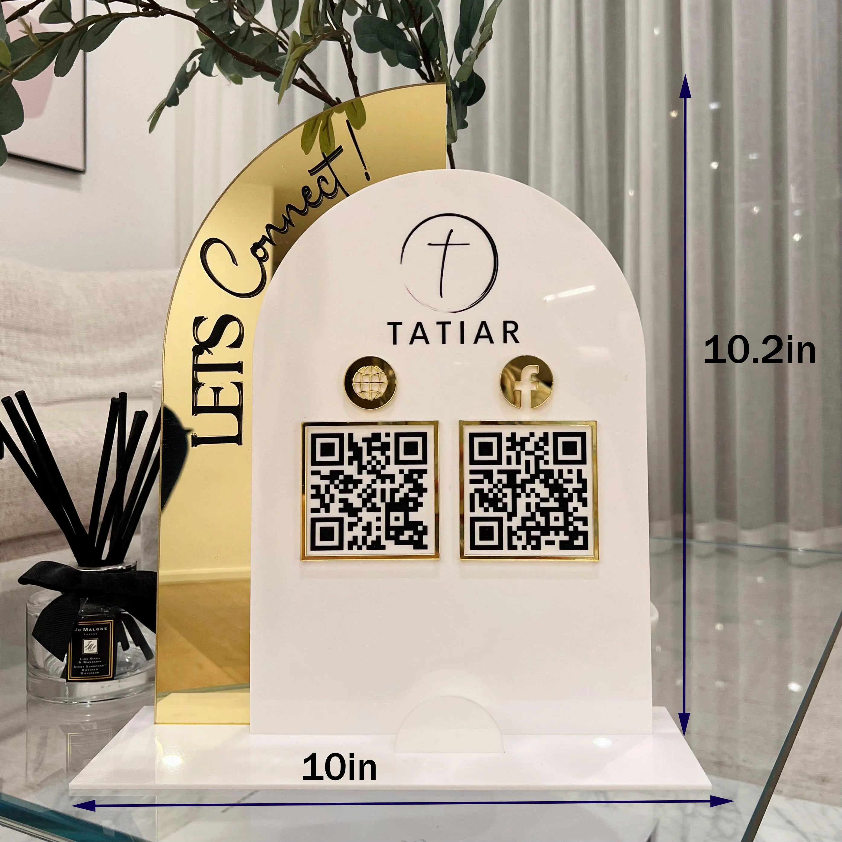 Custom 3D Arch QR Sign Elevate Your Brand Experience Acrylic Business Plaque with Integrated Card Holder for Reception Counter