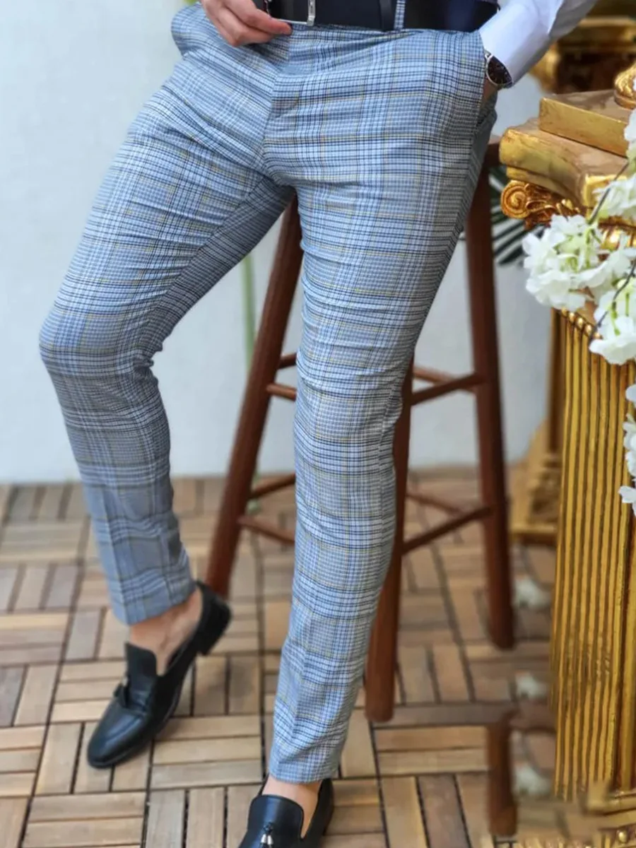 Summer Men's Business Straight Pants Fashion Plaid 3D Printed Small feet Dress Pants Comfortable Casual Pants