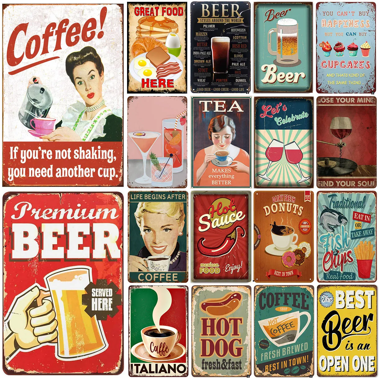 Vintage Metal Tin Signs Great Foods Coffee Tea Beers Cola Chips Wall Decor for Restaurant Bars Cafe Clubs Retro Posters Plaque