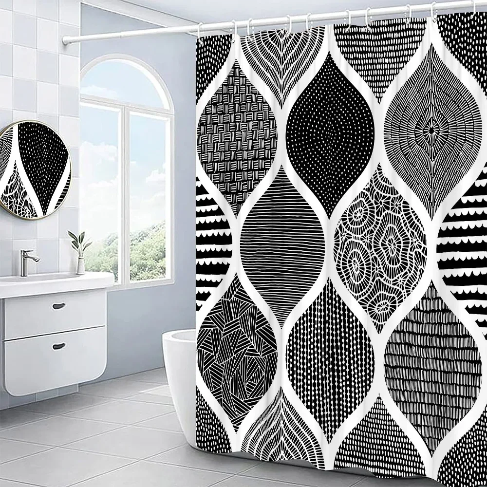 Modern 3D Geometry Shower Curtains Set Red Orange Grey Yellow Lattice Fabric Bathroom Accessories Black and Gray Bath Curtains