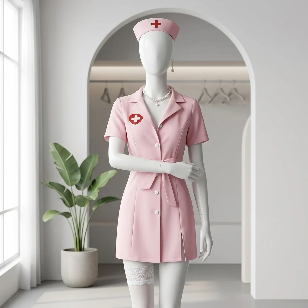 Cosplay Naughty Nurse Uniform Set Women's Belted Mini Dress with Cross Heart Patch Nurse Cap for Halloween Role Play view 6