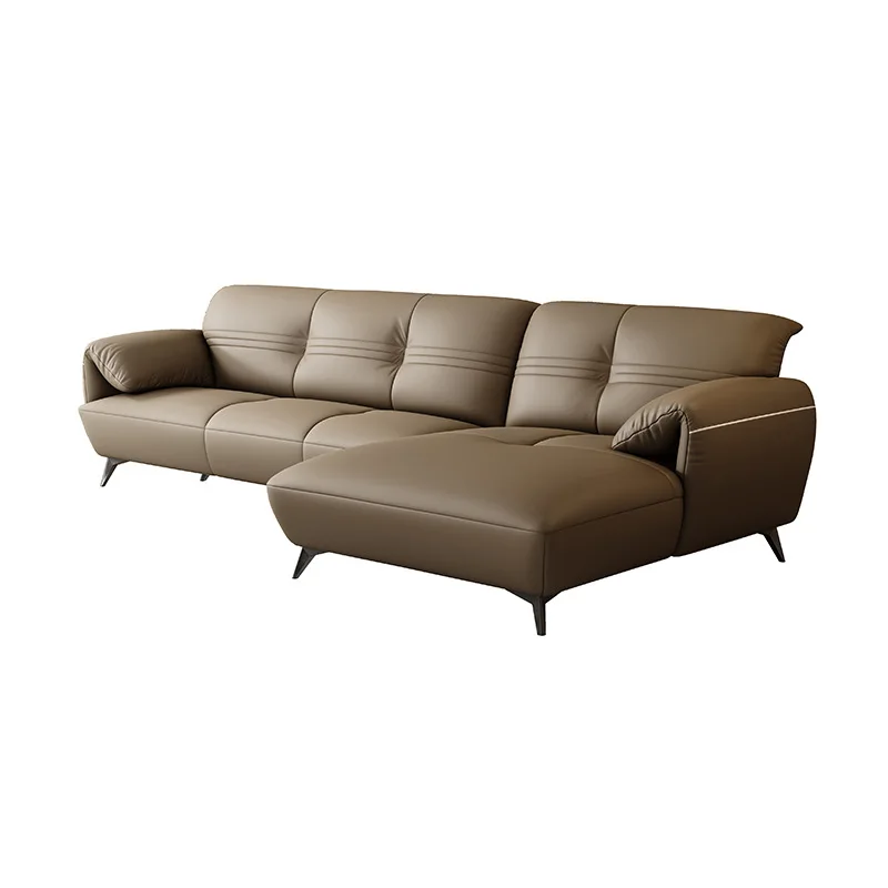 

#Modern Minimalist Italian Style Genuine Leather Straight Chaise Three Seater Sofa Set For Living Room