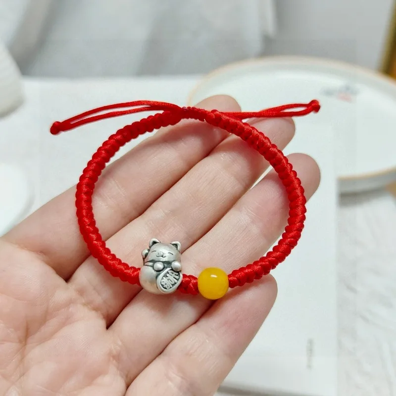 lucky cat bracelet 925 Pure Silver Fu Tuo Red Hand Strap Lucky Cat Woven Bracelet Lucky Lucky In The Year Of Birth