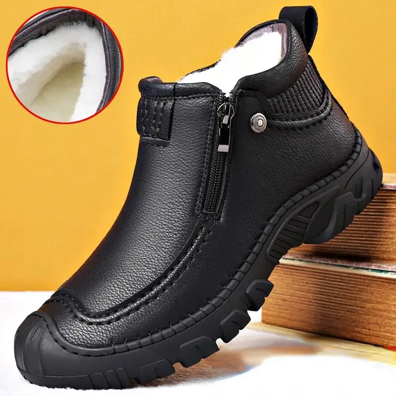 Winter Men Boots Thick Plush Warm Snow Leather Zipper Men's Ankle Boots Platform Non-slip Waterproof Mens Hiking Shoes